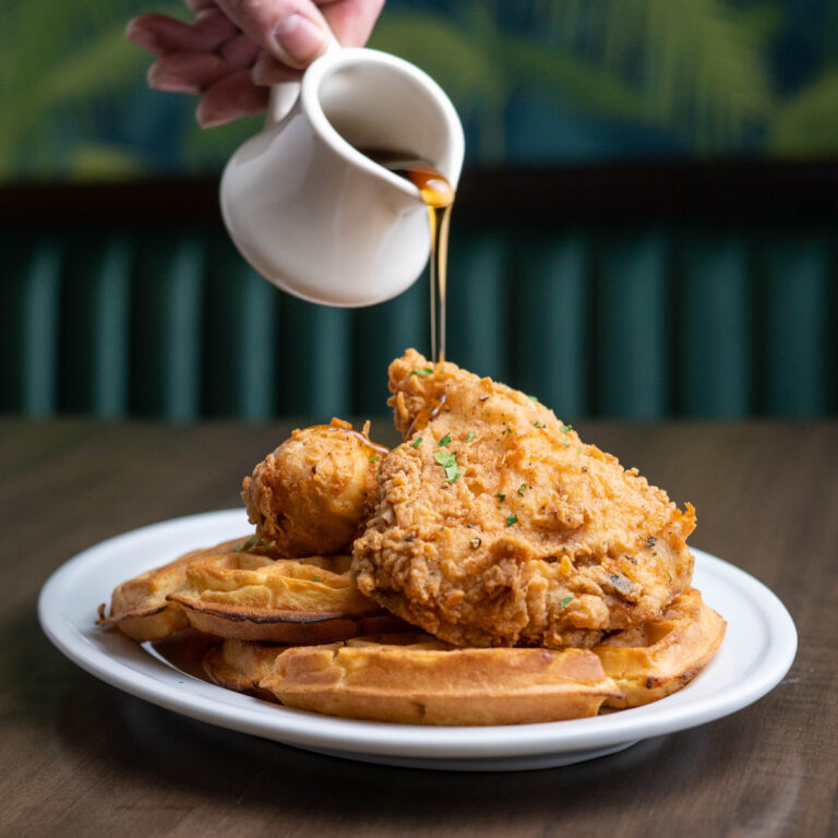 chicken and waffles syrup pour